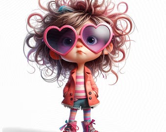 10 cliparts lunatiques de fille - filles portant des lunettes de soleil en forme de coeur surdimensionnées Images JPG 300 DPI pour un usage personnel et commercial