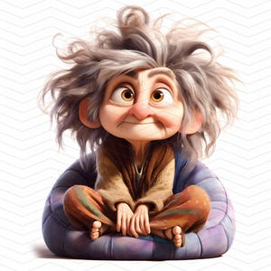 May include: A cartoon character with gray hair and a wrinkled face sits on a purple and blue beanbag chair. The character is wearing a brown robe and has a thoughtful expression.