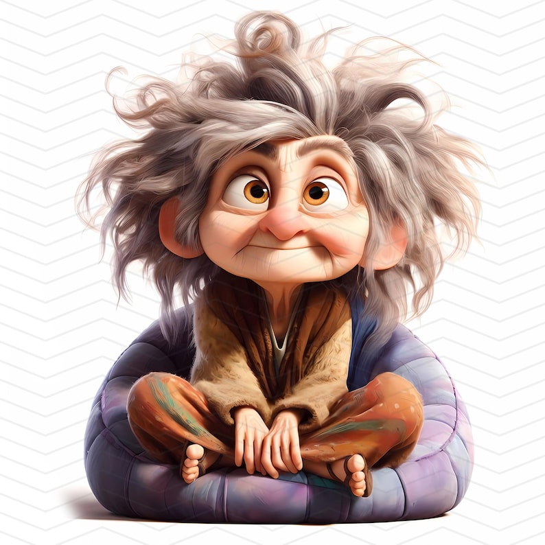 May include: A cartoon character with gray hair and a wrinkled face sits on a purple and blue beanbag chair. The character is wearing a brown robe and has a thoughtful expression.