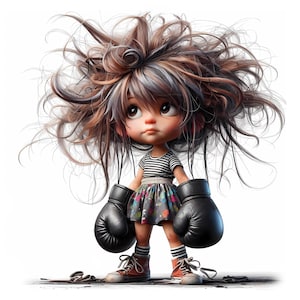 8 Whimsical Girl Clipart - schwarze Boxhandschuhe digitaler Download 300 DPI für den persönlichen und kommerziellen Gebrauch, Boxermädchen, Boxen Clip Art