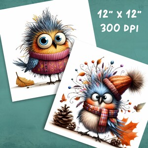K&ouml;nnte beinhalten: Zwei skurrile Illustrationen von blauen V&ouml;geln mit flauschigem Gefieder, die Pullover und H&uuml;te tragen. Der erste Vogel tr&auml;gt einen rosa Pullover mit geometrischem Muster und der zweite Vogel tr&auml;gt einen braunen Hut und einen rot-blau karierten Schal. Beide V&ouml;gel haben gro&szlig;e, runde Augen und sind vor einem wei&szlig;en Hintergrund platziert.