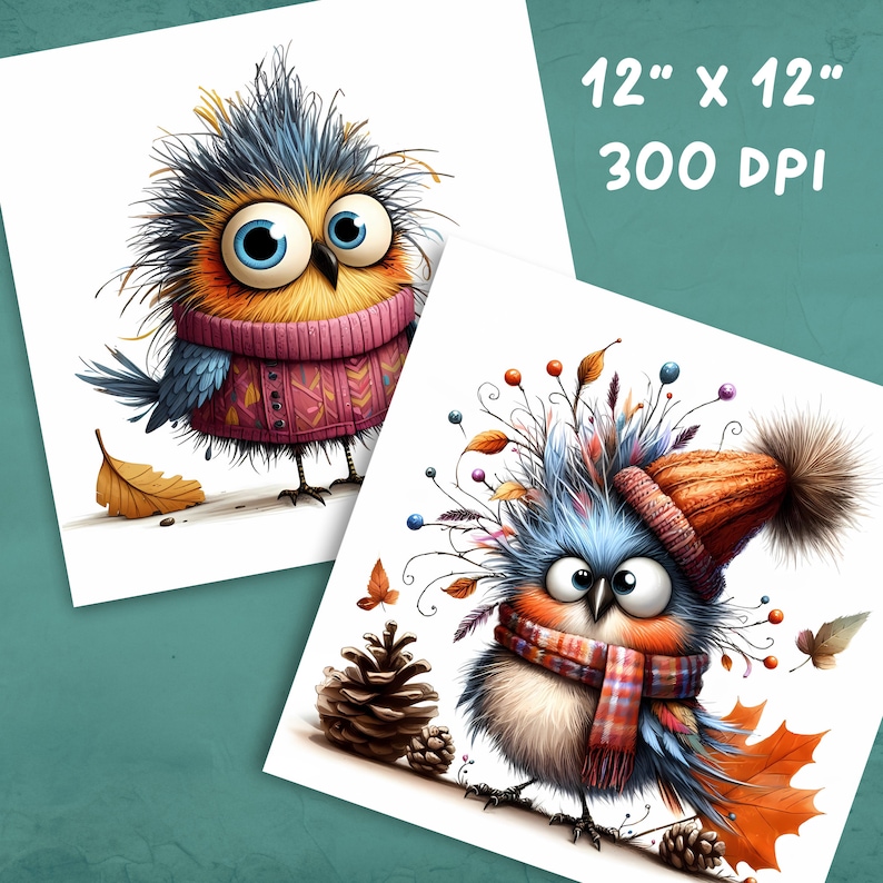 K&ouml;nnte beinhalten: Zwei skurrile Illustrationen von blauen V&ouml;geln mit flauschigem Gefieder, die Pullover und H&uuml;te tragen. Der erste Vogel tr&auml;gt einen rosa Pullover mit geometrischem Muster und der zweite Vogel tr&auml;gt einen braunen Hut und einen rot-blau karierten Schal. Beide V&ouml;gel haben gro&szlig;e, runde Augen und sind vor einem wei&szlig;en Hintergrund platziert.
