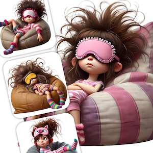 12 Quirky Girl Clipart - Girls Wearing Sleep Masks, Whimsical JPG Images 300 DPI, Personal and Commercial Use