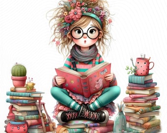 15 schrullige Mädchen Clipart, kommerzielle Nutzung, wunderliche Mädchen, 300 DPI JPGs, Sofortiger Download, Buchliebhaber, DIY Journal, blondes Mädchen, Clipart