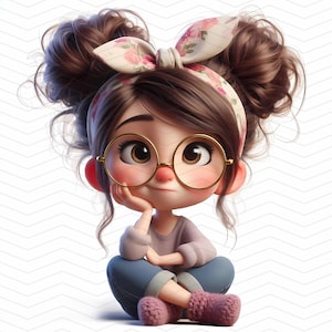 Paquete de imágenes prediseñadas de chica acogedora con gafas / 30 x 30 cm / 300 DPI / Descarga digital instantánea / Uso personal y comercial