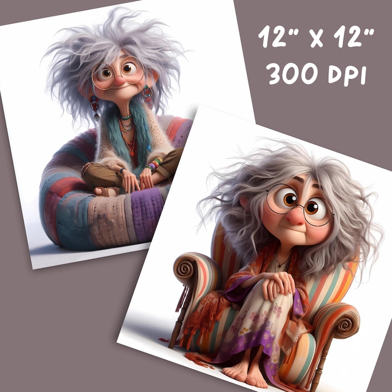 May include: Two digital illustrations of a cartoon woman with gray hair, wearing a long, colorful dress and glasses. The woman is sitting in a chair in one image and on a colorful cushion in the other image.