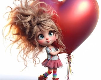 10 cliparts lunatiques de fille - filles tenant des ballons géants coeur images JPG 300 DPI pour un usage personnel et commercial