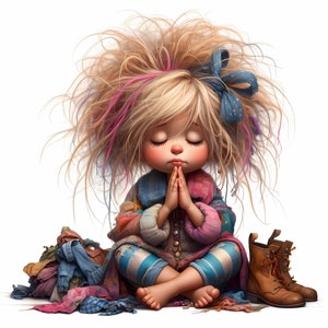 May include: A young girl with messy blonde hair and a blue bow sits with her hands clasped in prayer. She is wearing a colorful patchwork outfit and blue jeans. A pile of clothes is beside her and a pair of brown boots are on the right.