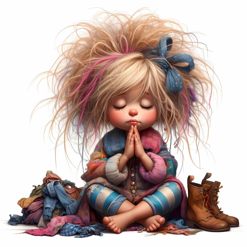 May include: A young girl with messy blonde hair and a blue bow sits with her hands clasped in prayer. She is wearing a colorful patchwork outfit and blue jeans. A pile of clothes is beside her and a pair of brown boots are on the right.