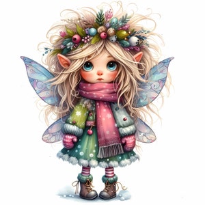 May include: A whimsical fairy with blonde hair, wearing a green and white dress with a pink scarf and white boots. She has blue wings and a wreath of holly and berries on her head.