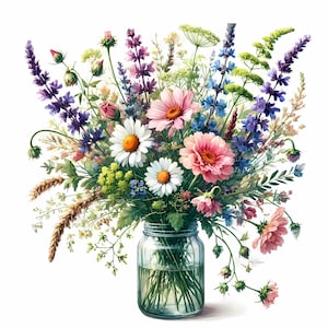 12 Flower Bouquet Clipart in Vases - Elegant Floral Designs JPG Images 300 DPI, Floral Bouquet Clipart, Personal and Commercial Use