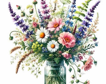 12 Floral Bouquet Clipart JPGs, Elegant Flower Vase Designs, Commercial Use