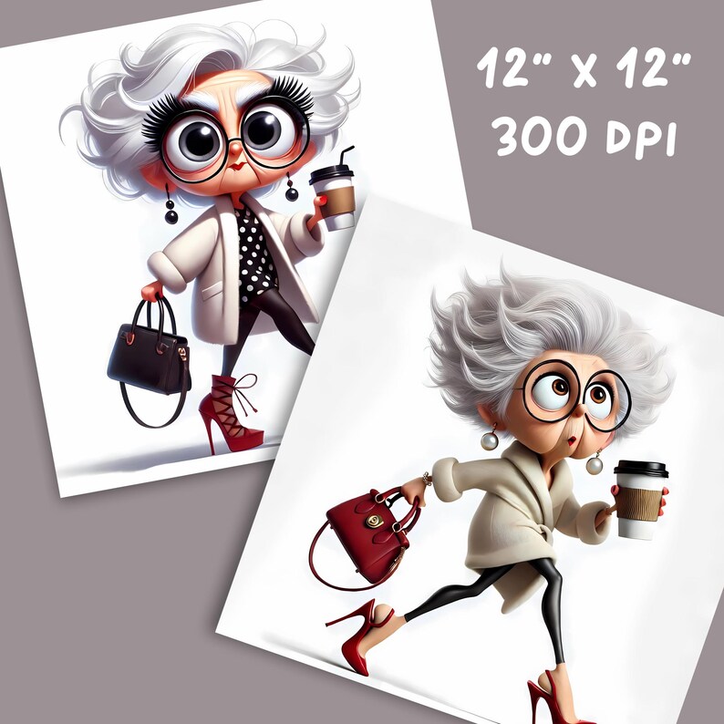 May include: Two prints featuring a cartoon illustration of a stylish elderly woman with oversized glasses, holding a coffee cup and a handbag. She wears a white coat, polka dot top, and red heels. The prints are 12" x 12" and 300 DPI.