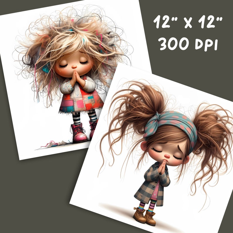 May include: Two digital illustrations of girls with messy hair and closed eyes, both with their hands clasped in prayer. The girl on the left is wearing a colorful patchwork dress and pink shoes. The girl on the right is wearing a plaid coat, a blue headband with white polka dots, and brown shoes.