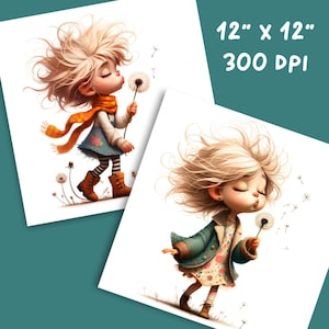 May include: Two art prints, each 12" x 12", feature a whimsical illustration of a child blowing a dandelion. The child has blonde hair, rosy cheeks, and is wearing a blue dress and orange scarf. The prints are labeled "12" x 12" 300 DPI".