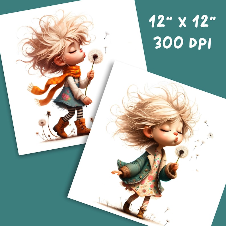 May include: Two art prints, each 12" x 12", feature a whimsical illustration of a child blowing a dandelion. The child has blonde hair, rosy cheeks, and is wearing a blue dress and orange scarf. The prints are labeled "12" x 12" 300 DPI".