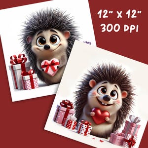 May include: Two prints featuring a cartoon hedgehog holding a heart and surrounded by gift boxes. The prints are 12" x 12" and 300 DPI. The hedgehog has a smiling expression and is holding a heart-shaped object.