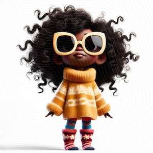 Clipart lunatique petite fille - afro-américain, vêtements confortables et lunettes de soleil surdimensionnées - téléchargement numérique - haute résolution, usage commercial