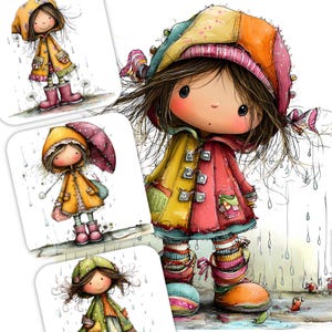 May include: A whimsical illustration of a doll-like figure in a colorful patchwork hat and coat, standing in the rain. The figure is wearing boots and has a sweet expression. Additional smaller illustrations of the same figure in different poses are also present.