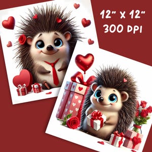 May include: Two digital art prints featuring cute hedgehogs with big blue eyes, red ties, and hearts. One hedgehog holds a gift, the other is surrounded by hearts and gifts. The prints are 12" x 12" and 300 DPI.