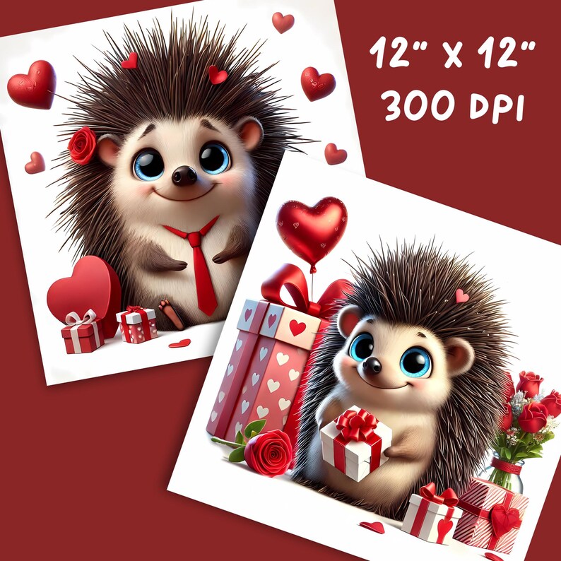 May include: Two digital art prints featuring cute hedgehogs with big blue eyes, red ties, and hearts. One hedgehog holds a gift, the other is surrounded by hearts and gifts. The prints are 12" x 12" and 300 DPI.