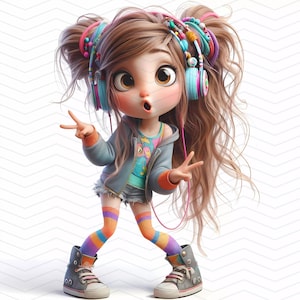 Whimsical Girls with Headphones Clipart | 15 JPG Images | High-Resolution | Instant Download | Personal and Commercial Use