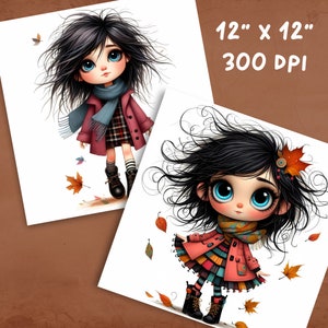 May include: Two digital illustrations of girls with long black hair wearing colorful coats and scarves. The girls are standing on a white background with falling autumn leaves. The text "12" x 12" 300 DPI" is in the top right corner of the image.