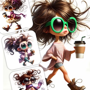 12 schrullige Mädchen Clipart - Kaffeeliebhaber digitaler Download 300 DPI für den persönlichen und kommerziellen Gebrauch