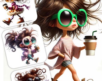 12 Quirky Girl Clipart - Coffee Lovers Digital Download 300 DPI for Personal and Commercial Use