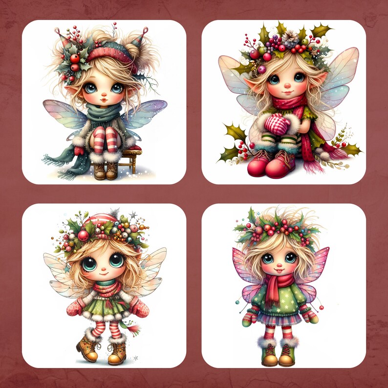 May include: Four illustrations of Christmas fairies with wings, wearing red and green outfits, and holly wreaths on their heads. Each fairy has a different expression and pose.