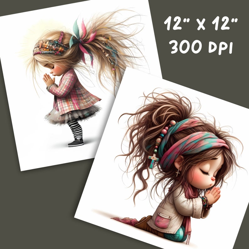 May include: Two digital illustrations of girls with long hair, wearing colorful clothing and headbands, praying with their hands clasped together. The image is 12 inches by 12 inches and 300 DPI.