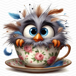 Whimsical Bird Clipart: Funny Birds in Teacups (JPG, 300 DPI)