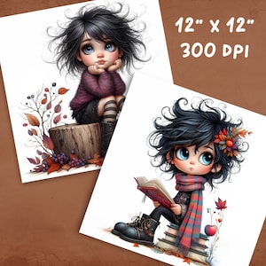 May include: Two digital illustrations of girls with dark blue hair. The girl on the left is sitting on a tree stump with autumn leaves and berries around her. The girl on the right is sitting on a stack of books with an apple and a flower beside her. Both girls are wearing red and black clothing.