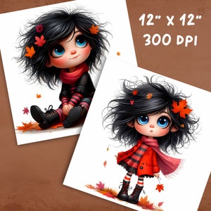 May include: Two digital illustrations of a girl with black hair and blue eyes wearing a red and black striped jacket and a red scarf. The girl on the left is sitting with her legs crossed and the girl on the right is standing with her arms at her sides. Both girls are surrounded by red and orange leaves.