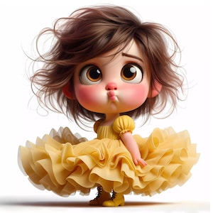 Può includere: Una bambola in stile cartone animato con capelli castani e grandi occhi marroni. La bambola ha guance rosee e indossa un vestito giallo con una gonna a balze e stivali gialli. Lo sfondo è bianco.