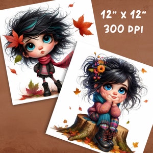 May include: Two digital illustrations of girls with long black hair. The girl on the left is wearing a red scarf and black boots. The girl on the right is wearing a blue scarf and brown boots. Both girls are surrounded by autumn leaves.