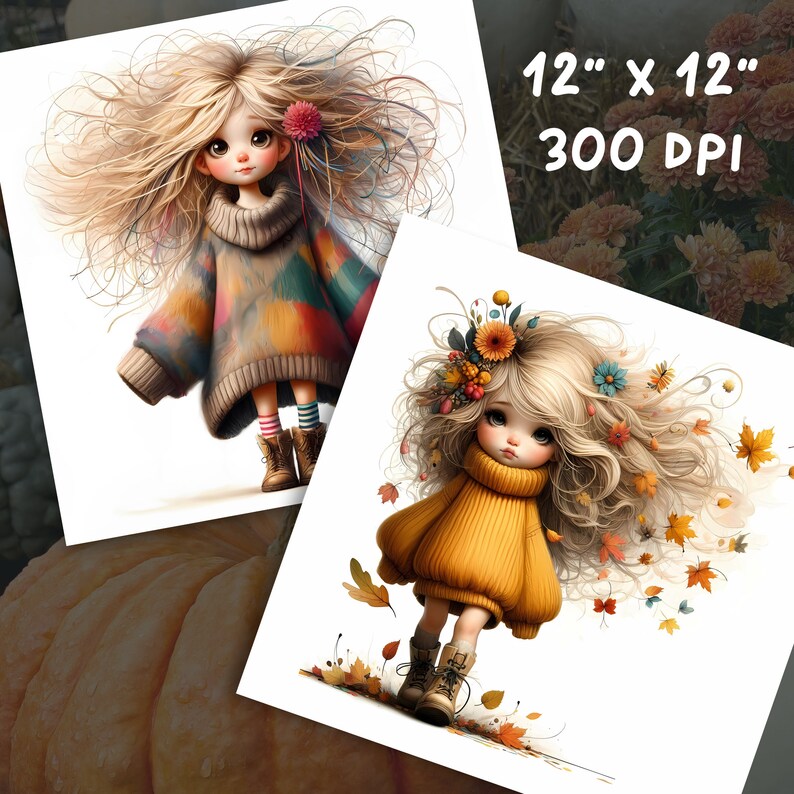 May include: Two digital illustrations of girls with long blonde hair. The girl on the left is wearing a colorful sweater and striped socks. The girl on the right is wearing a yellow sweater and has a flower crown in her hair. Both girls are surrounded by autumn leaves.