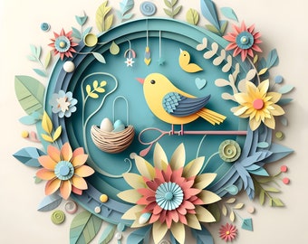 Whimsical Birds and Nests Clipart, Spring Digital Art (Digital Download)