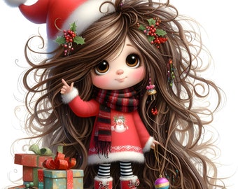 Whimsical Christmas Girl Clipart, Cute DIY Card Art (Digital Download)