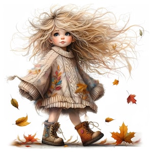 May include: A young girl with long blonde hair wearing a beige sweater with colorful embroidery and brown boots walks through a field of falling autumn leaves.