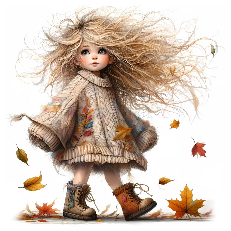 May include: A young girl with long blonde hair wearing a beige sweater with colorful embroidery and brown boots walks through a field of falling autumn leaves.