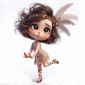Può includere: Illustrazione di un cartone animato di una bambola in un abito da flapper degli anni '20. La bambola ha i capelli castani, grandi occhi marroni e indossa una fascia di perline, un vestito con frange e tacchi con cinturini. Una piuma adorna il lato della testa della bambola.