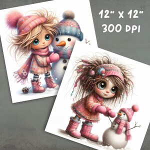 May include: Two digital illustrations of girls with pink winter hats and coats, each holding a snowman. The girls have large eyes and are drawn in a cartoon style. The text "12" x 12" 300 DPI" is in the top right corner of the image.