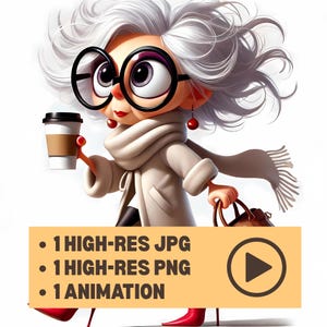 Op de afbeelding: Een cartoon illustratie van een stijlvolle oudere vrouw met wit haar, een grote bril en een witte jas, die een koffiekopje en een bruine handtas vasthoudt. De afbeelding bevat tekst: 1 HIGH-RES JPG, 1 HIGH-RES PNG, 1 ANIMATIE.