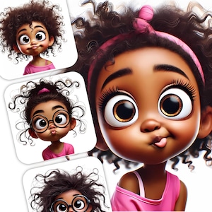 10 Whimsical Girl Clipart - Funny Expressions, African American GIrl Portrait JPG Images 300 DPI for Personal and Commercial Use