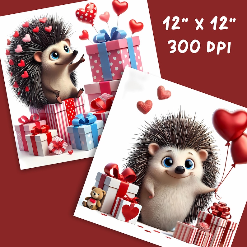 May include: Two prints featuring a cartoon hedgehog with heart-shaped balloons and gifts. The prints are 12" x 12" and 300 DPI. The hedgehog has a friendly expression and is surrounded by presents with red and pink bows.