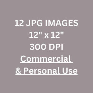 May include: A gray background with white text that reads: "12 JPG IMAGES, 12" x 12", 300 DPI, Commercial & Personal Use."