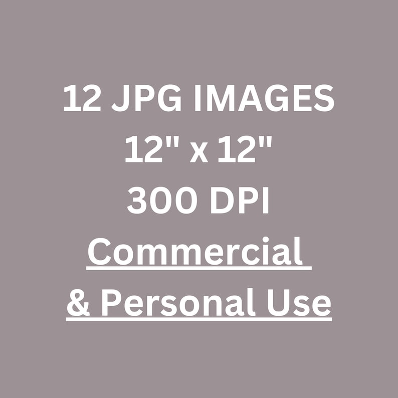 May include: A gray background with white text that reads: "12 JPG IMAGES, 12" x 12", 300 DPI, Commercial & Personal Use."