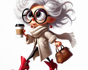12 Classy Grandma Clipart - Grandmas Walking with Coffee JPG Images 300 DPI, Personal and Commercial Use