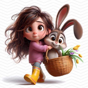 10 Whimsical Easter Clipart –  Girl with Easter Bunny – Cute Digital Download for Crafts & Cards, Personal and Commercial use